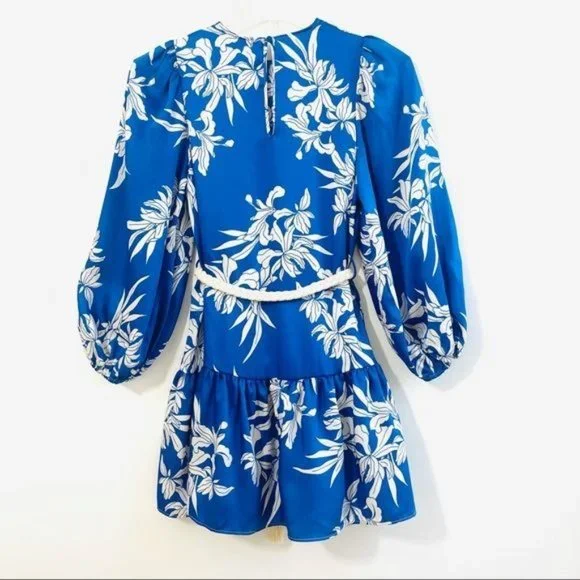 Alexis Blue Mini Dress XXS Floral Print Rope Belt Swing Long Sleeve Satin New - Picture 10 of 15